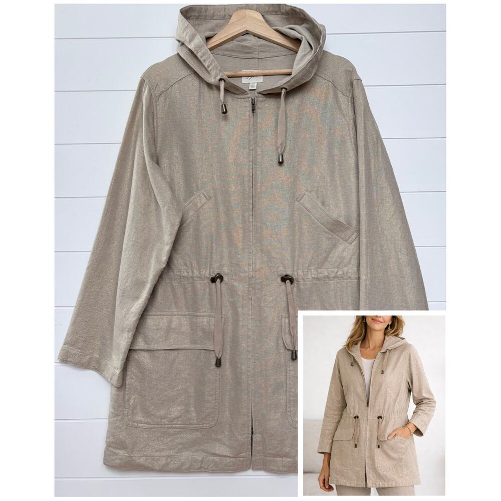 J Jill Linen Cotton Utility Jacket Champagne Gold Metallic Shimmer Hood‎ Size MP